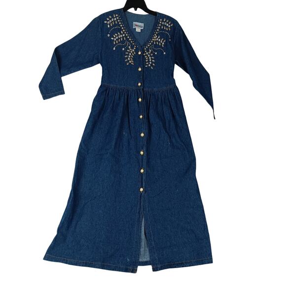 Donna USA Dresses & Skirts - Vtg Donna USA Denim Maxi Dress Womens Medium Blue Embroidered Floral Boho